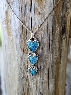 Sterling Silver Triple Heart Blue Opal Mosaic Pendant Necklace